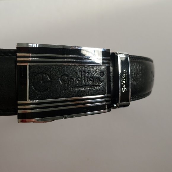 Vtg Men's Black Leather Belt GOLDLION w/ Chrome Rect Lock Buckle Office Career - Picture 2 of 8